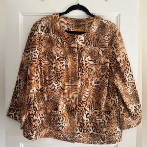 Ruby Rd Jacket  Brown Cheetah Animal Button Up Womens Size 20 Wet Look Shiny